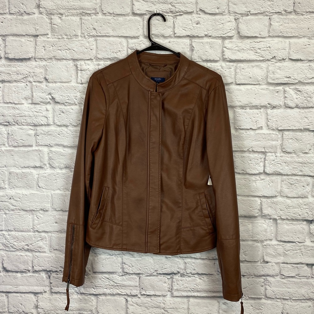 NWT Women’s Brown Vegan Leather Motorcycle Jacket with Zipper Detailing - XL